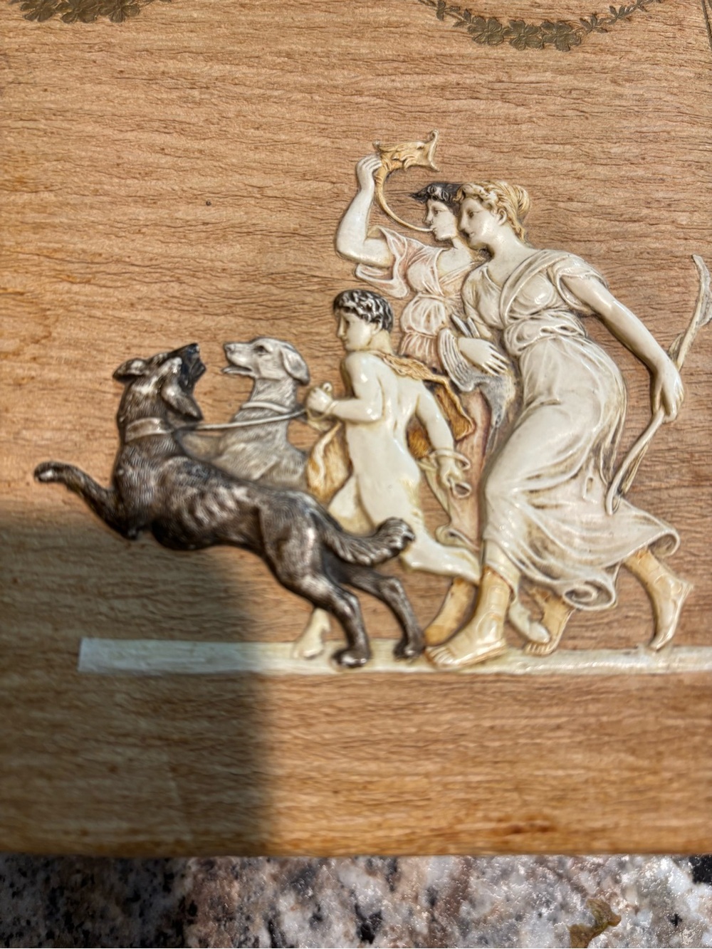 Vintage Classical Relief Storage Box with Dogs and Figures - Ivory, Gold, Brown